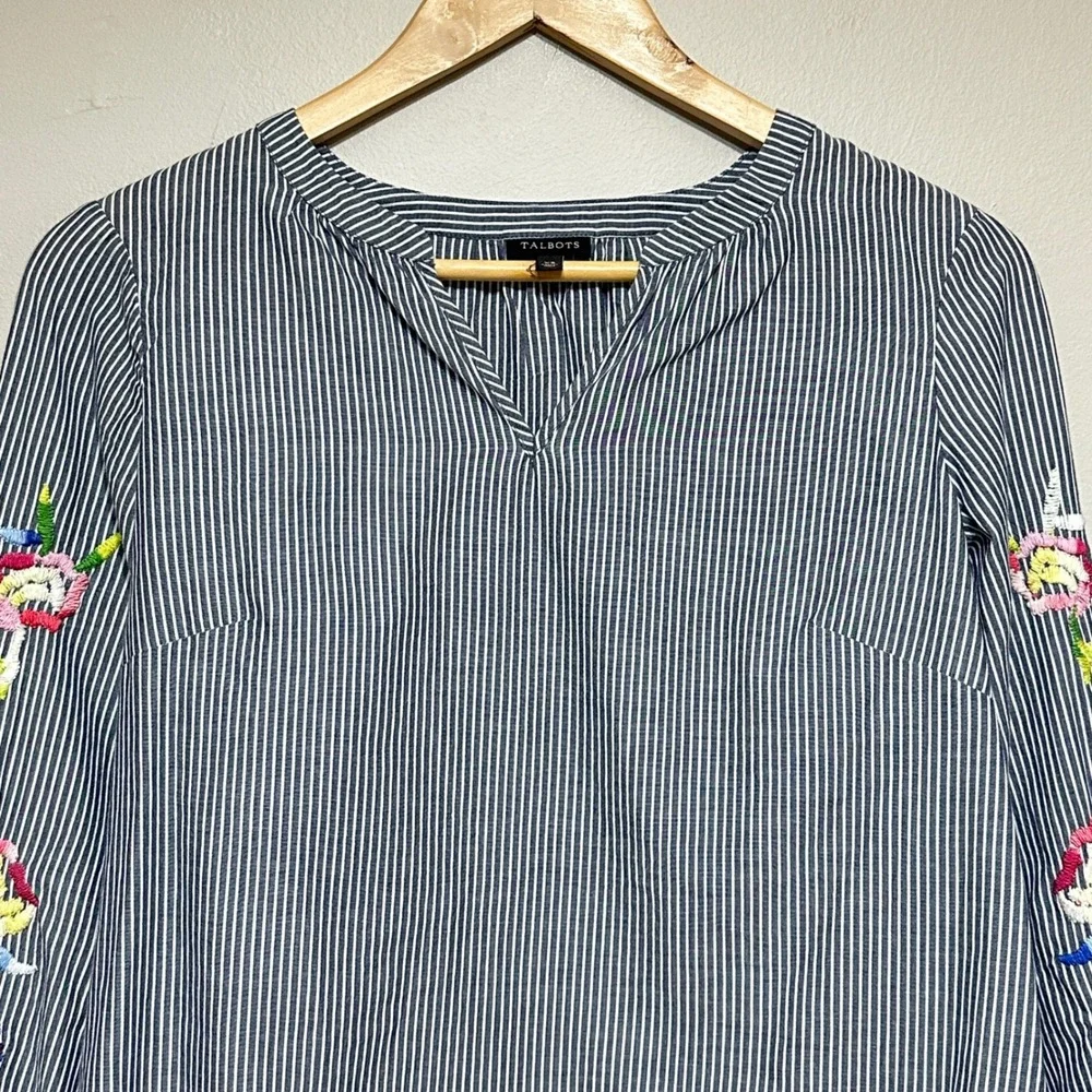 Talbots Floral Embroidered Striped Blouse Tunic‎ Womens XS Boho Lightweight Top